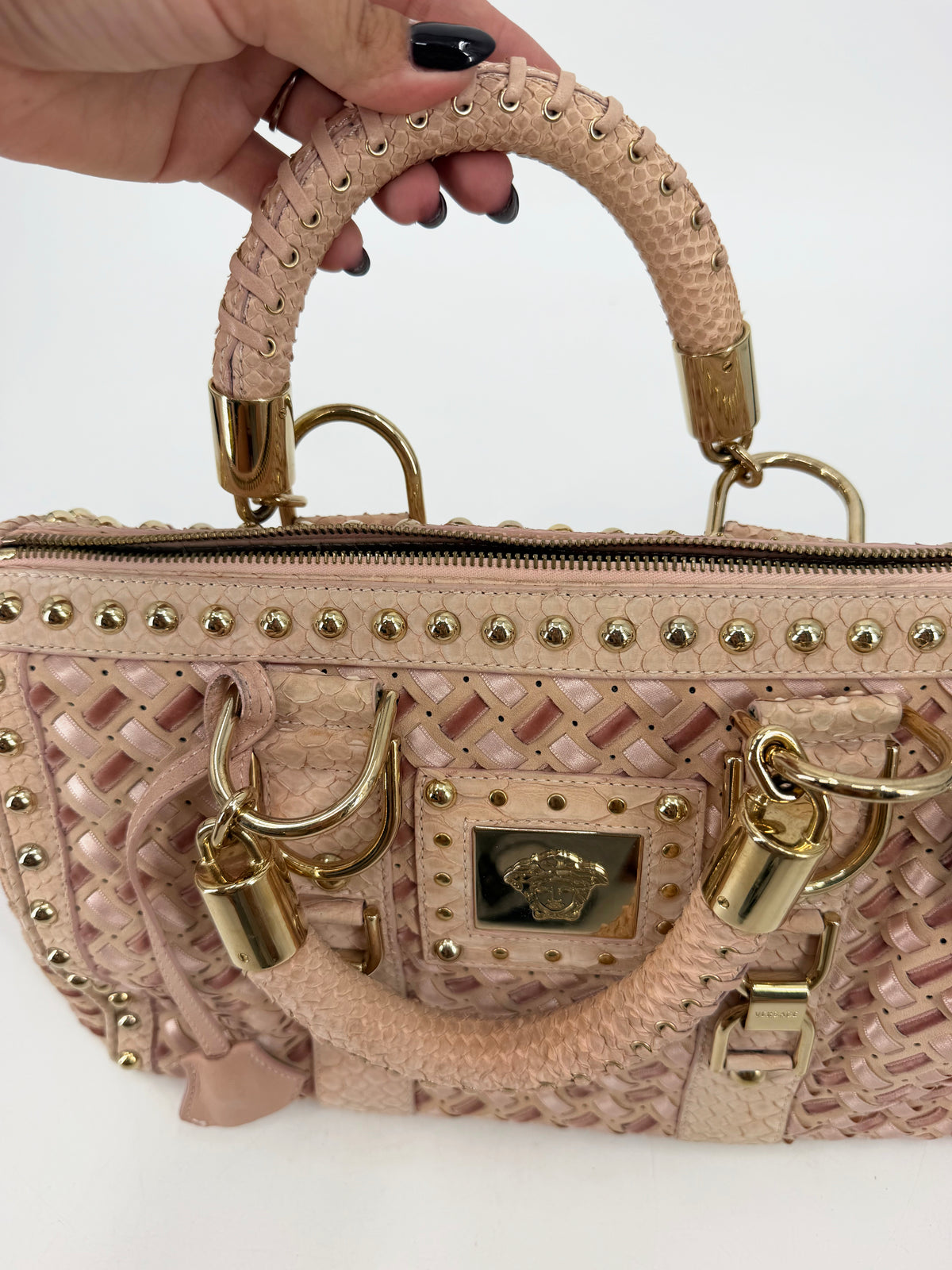 Versace Pink Woven Leather Studded Boston Satchel Python-Effect Trim Gold Logo Plaque