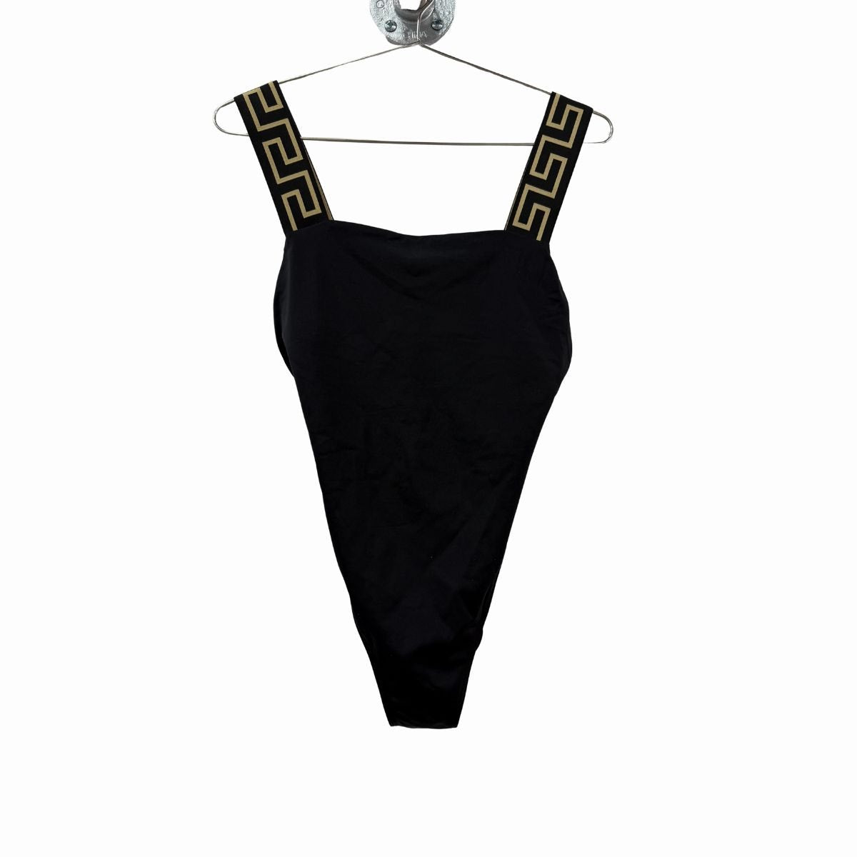 Versace Greca Border Wide Strap Square Neck One-Piece Swimsuit Black Size 2