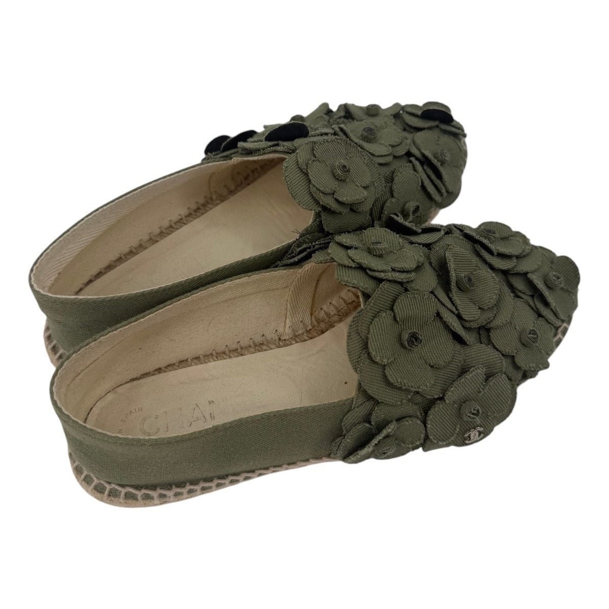 Chanel Camellia Espadrilles Olive Green Slip On Canvas Flats Size 37 / US 6.5