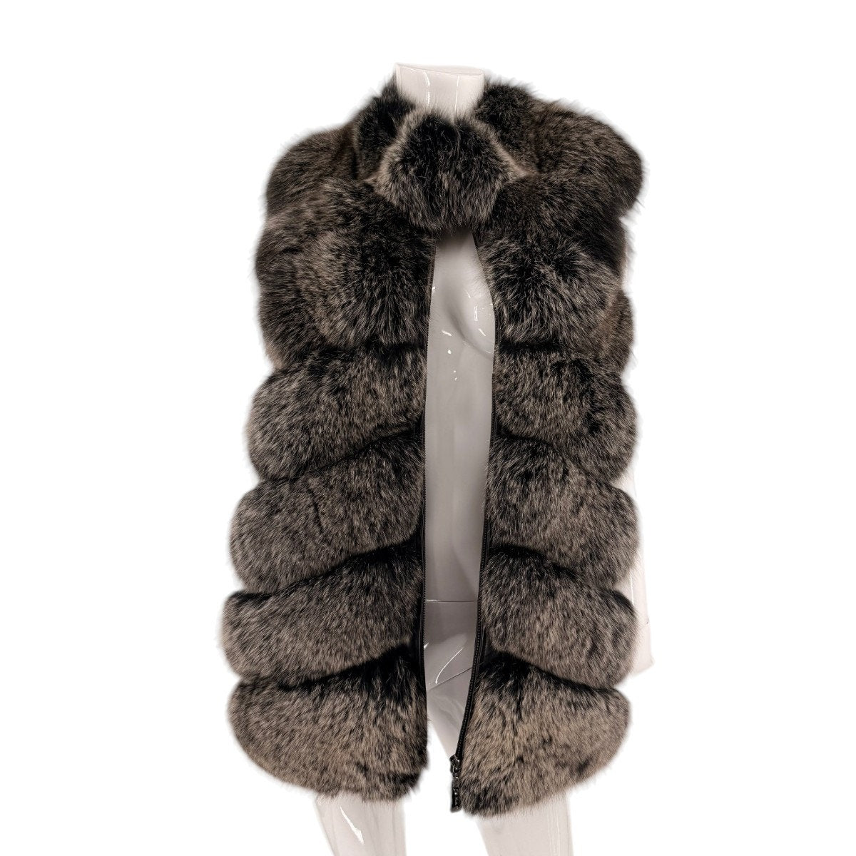 Belle Fare Luxury Real Fox Fur Full Zip Vest Silver Black Women's Size Large