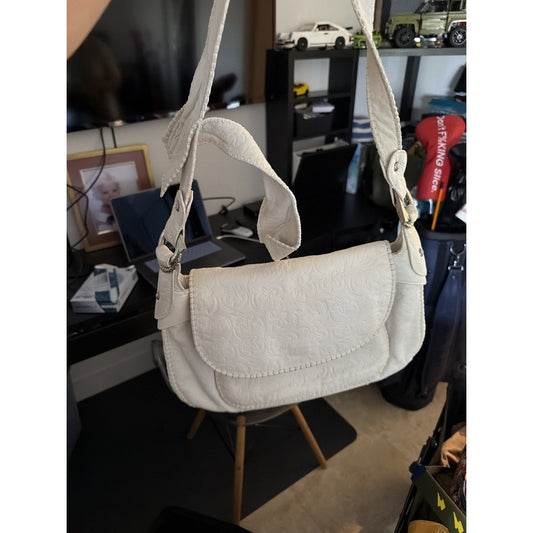 Ferragamo Cream Embossed Leather Flap Shoulder Bag