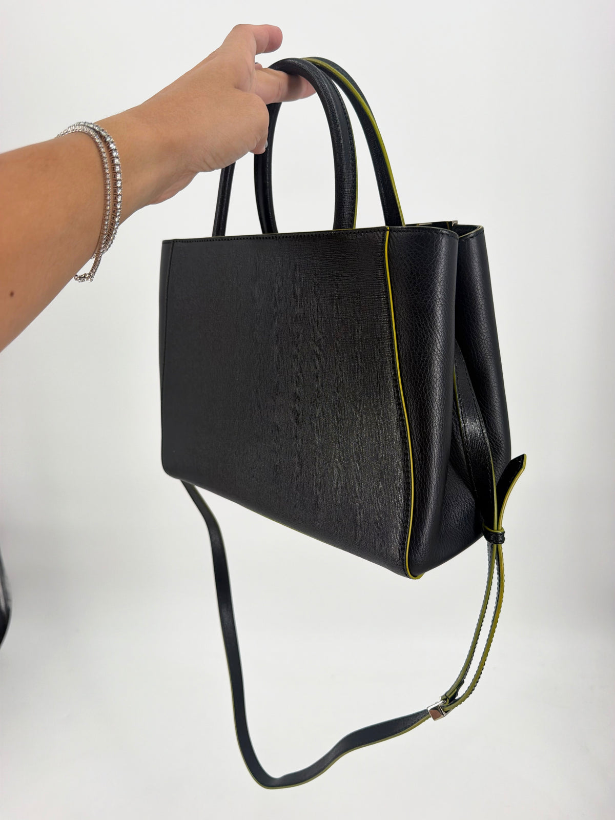 Fendi 2Jours Petite Black Leather Tote Yellow Edge Pom Charm
