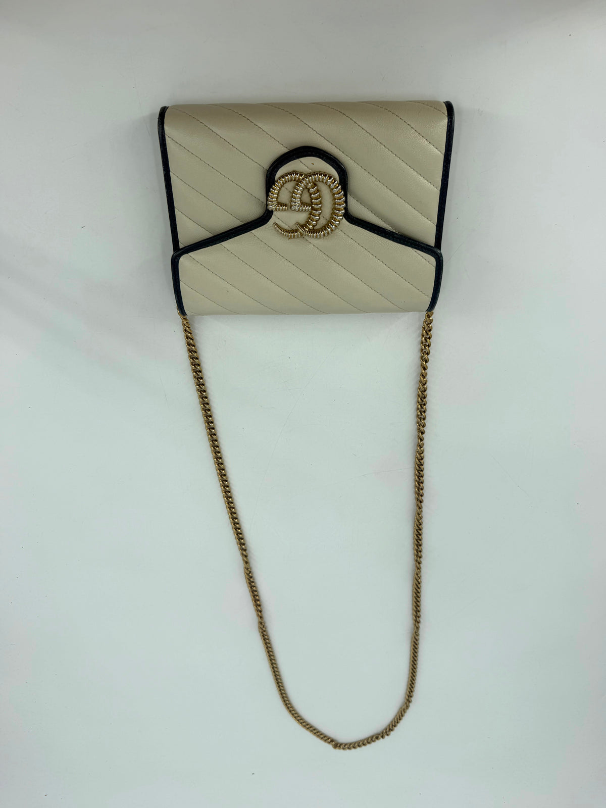 Gucci GG Marmont Torchon White Leather Flap Wallet Navy Trim