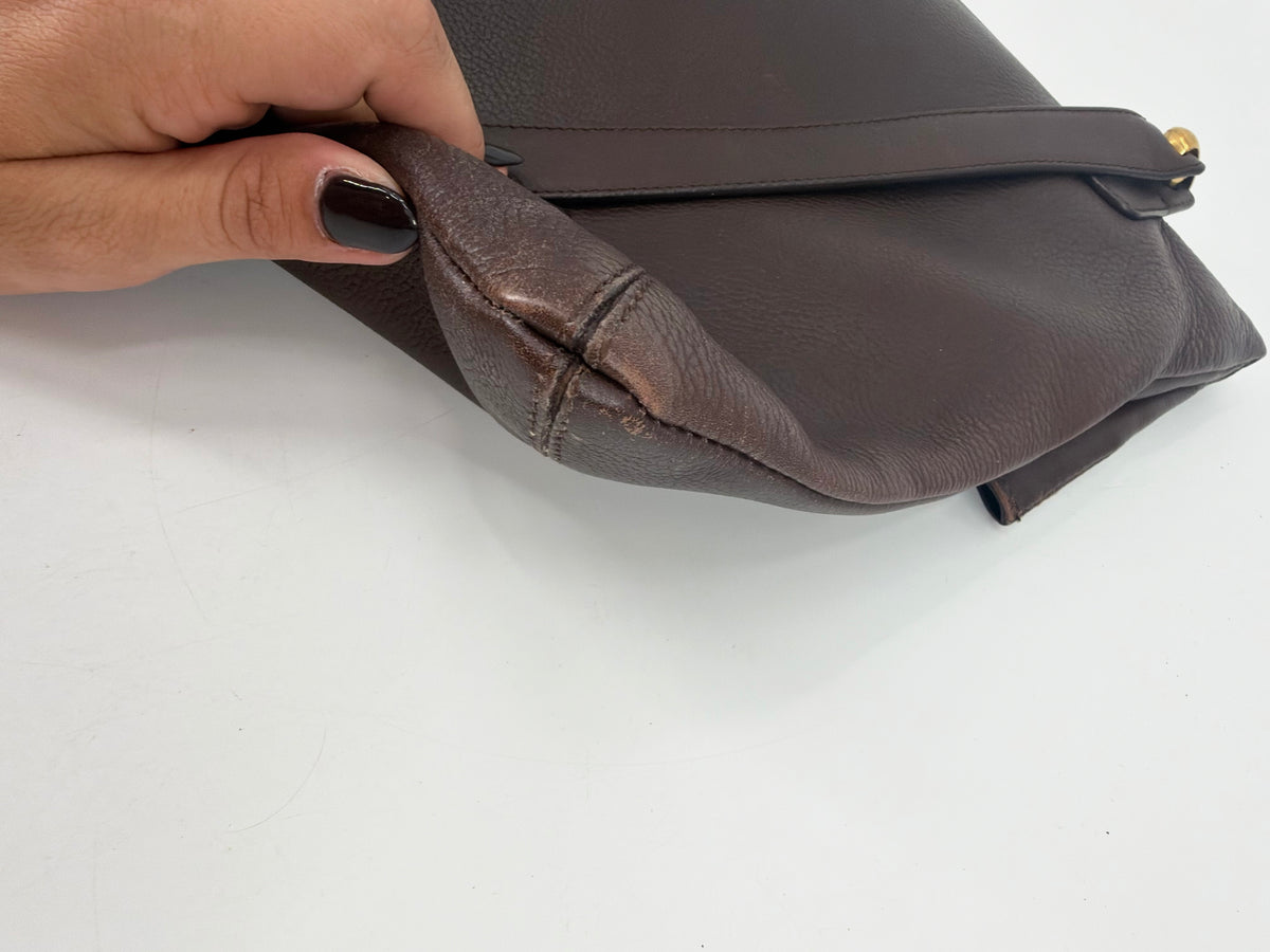 Loewe Vintage Dark Brown Leather Fold-Over Shoulder Bag Gold Plaque