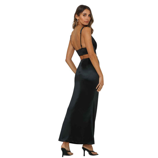 Hello Molly Sunset Views Satin Midi Dress Black Open Back Cutout Women's Size XS