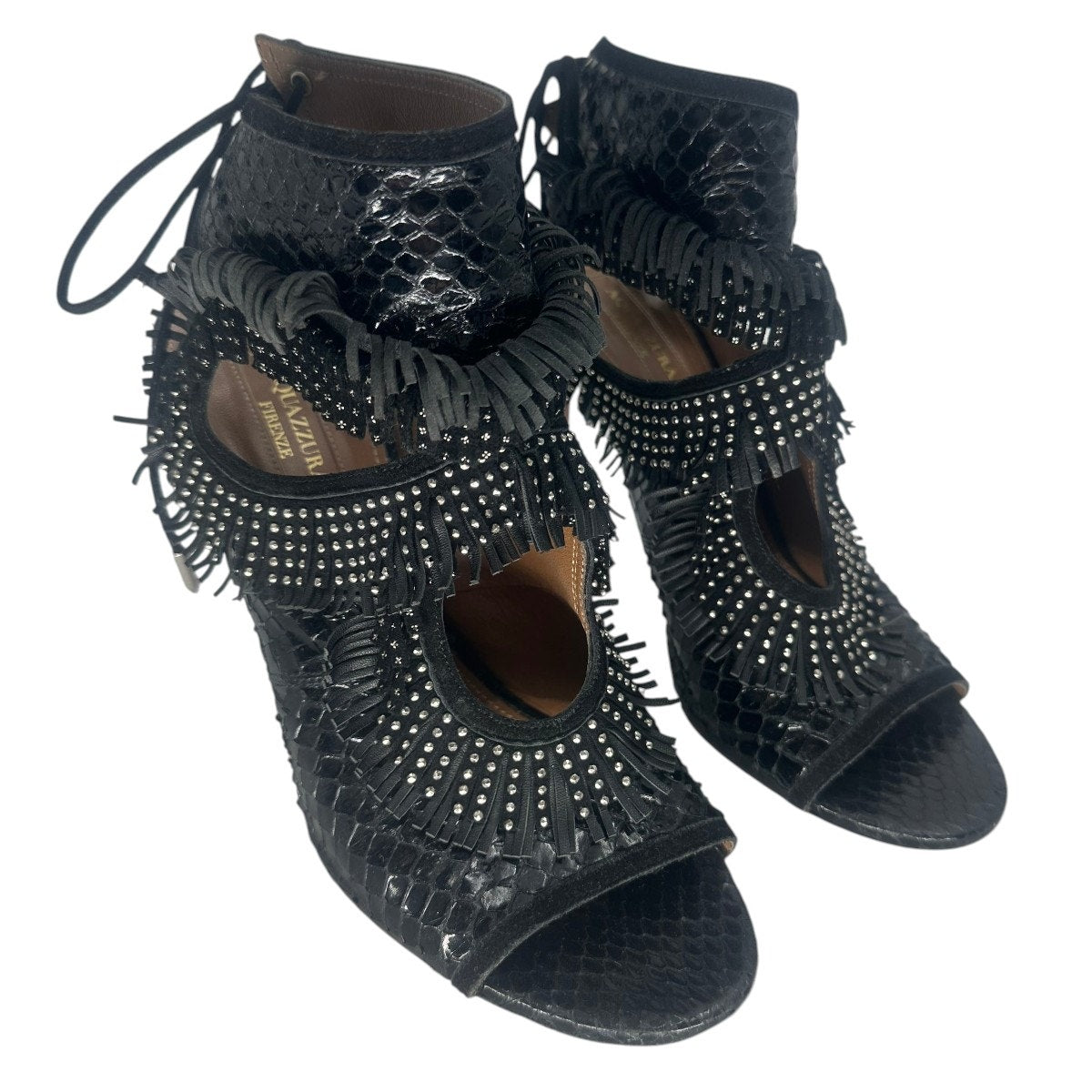 Aquazzura Sexy Thing Studded Fringe Python Stiletto Sandals