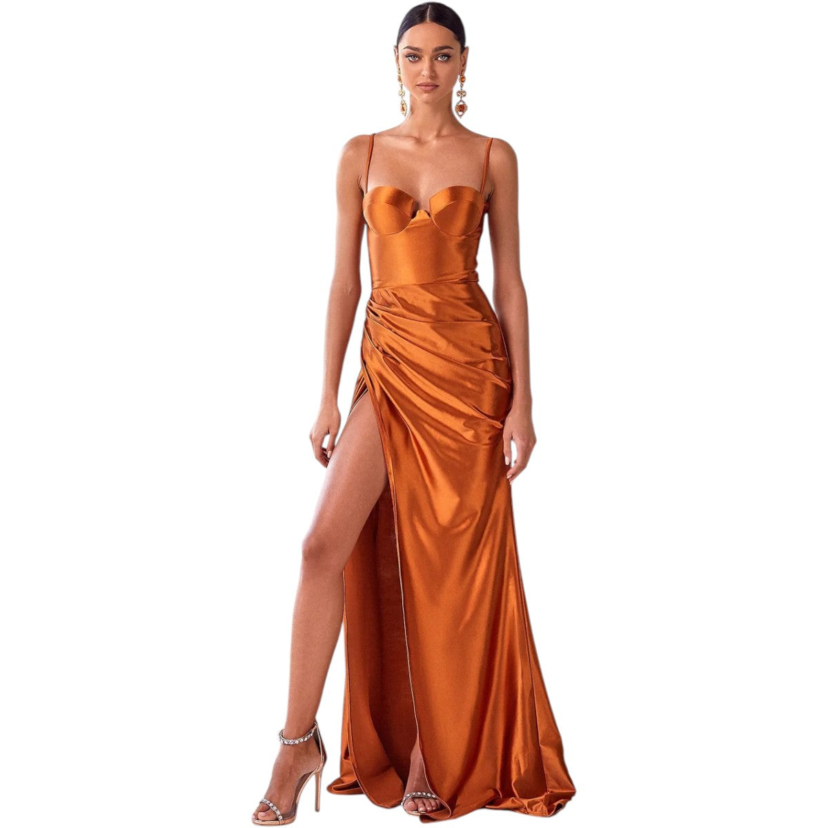 Alamour The Label Nevali Ruched High Slit Maxi Dress Orange Women's Size L