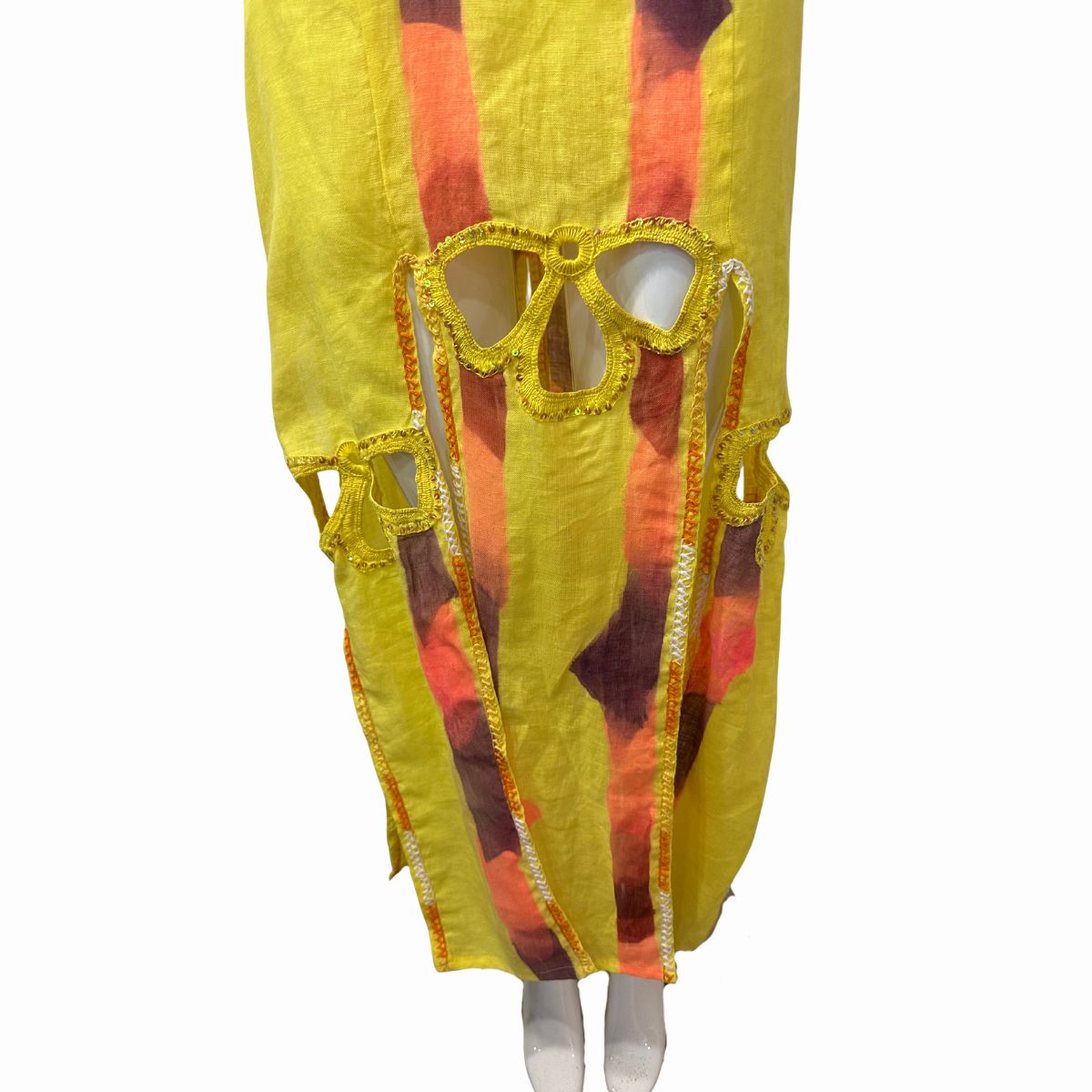 Myriam A. Floral Cutout Neck Bell Sleeve Midi Kaftan Dress Yellow One Size