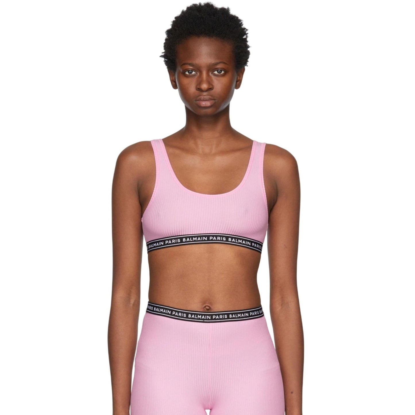 Balmain Logo Tape Scoop Neck Rib Knit Sports Bra