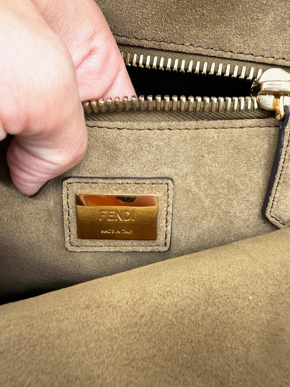 Fendi Peekaboo Large Suede Tan Geometric Color Block Silk Twill