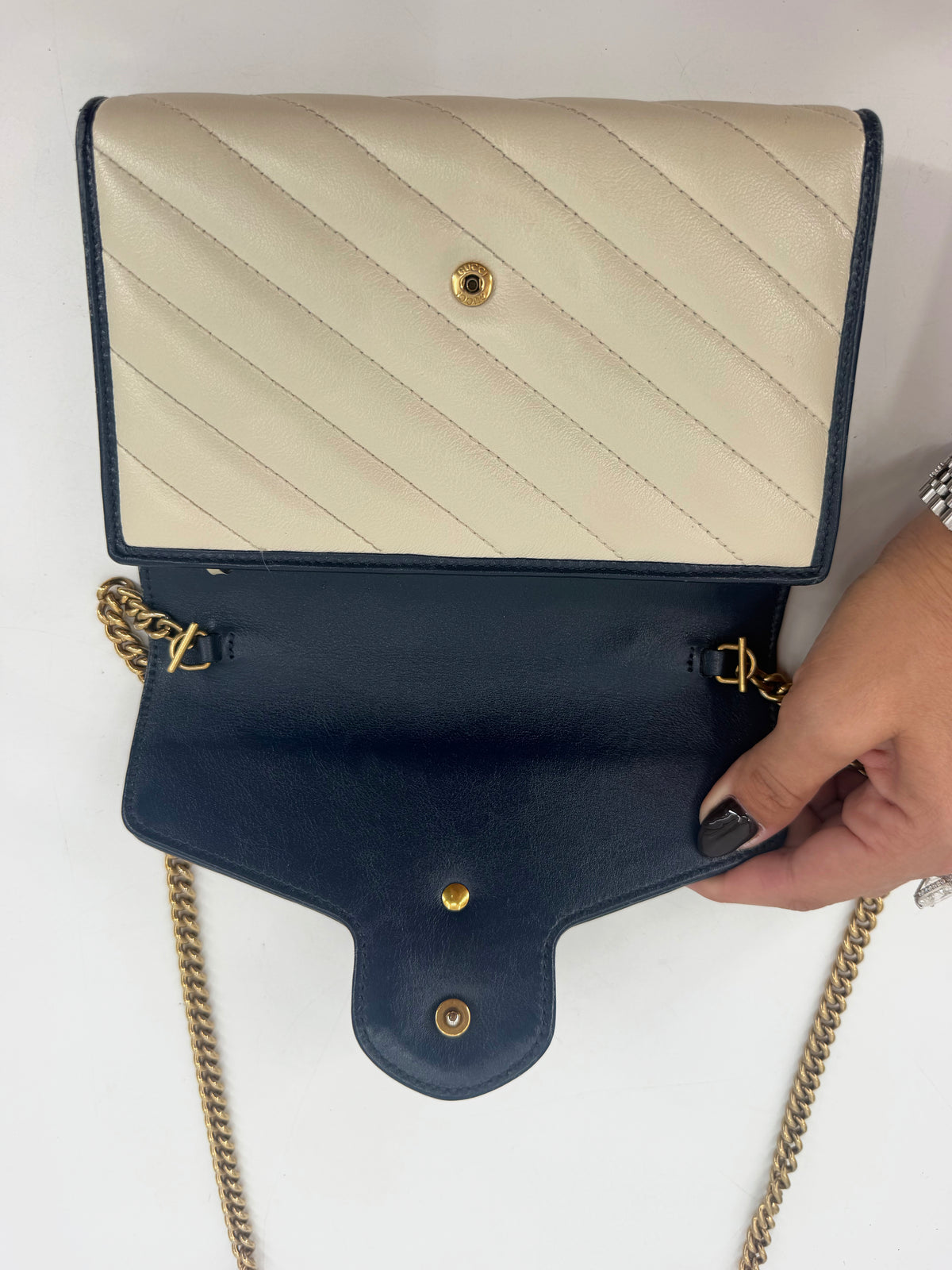 Gucci GG Marmont Torchon White Leather Flap Wallet Navy Trim