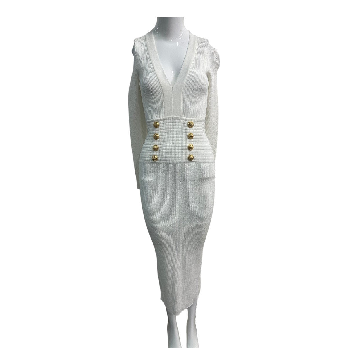Balmain Ribbed Gold Button Long Sleeve Bodycon Midi Dress