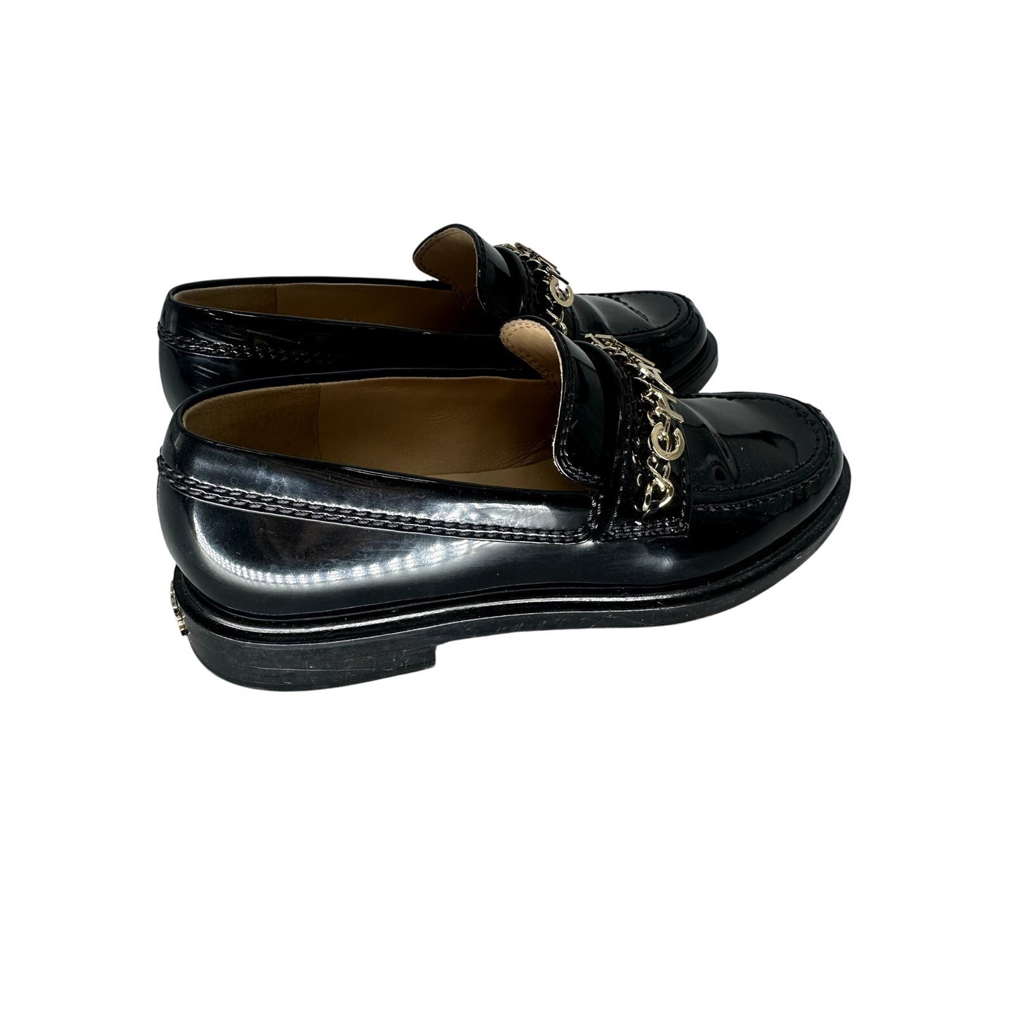 Chanel Patent Leather Logo Chain Flat Loafers