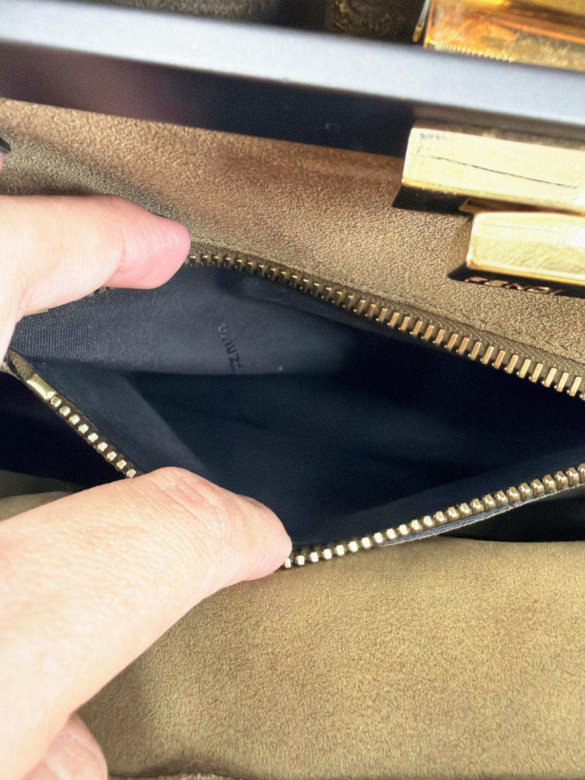 Fendi Peekaboo Large Suede Tan Geometric Color Block Silk Twill
