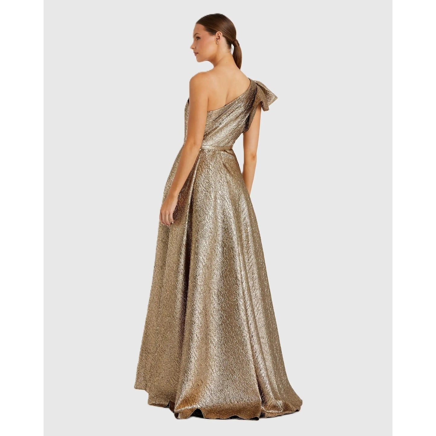 Mac Duggal Metallic One Shoulder Bow Maxi Dress