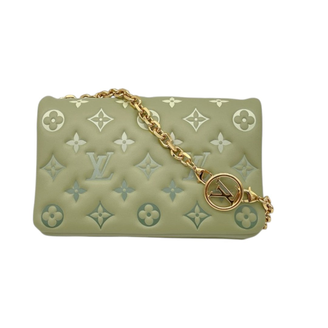 Louis Vuitton Leather Embossed Monogram Chain Strap Mini Coussin Pochette