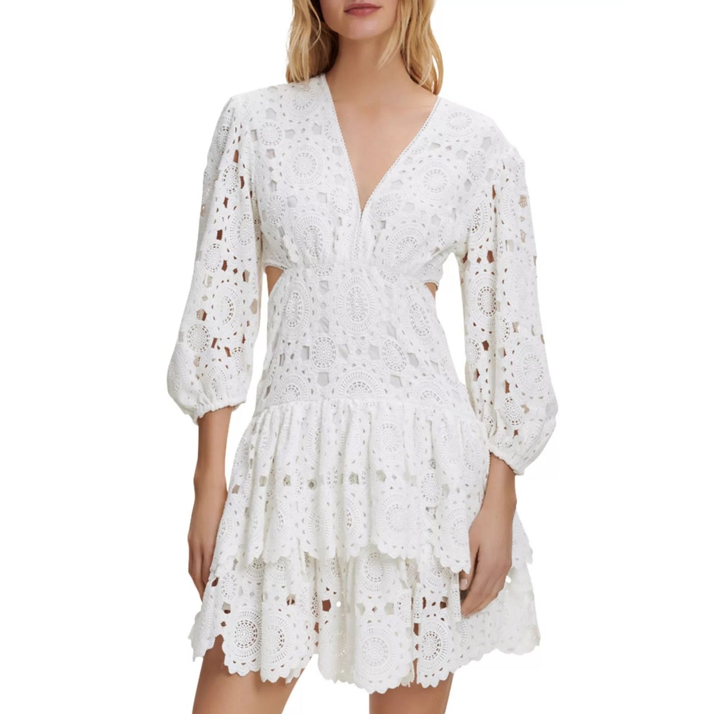Maje Cotton Rivajia Embroidered Side Cutout Mini Dress White Women's Size 38