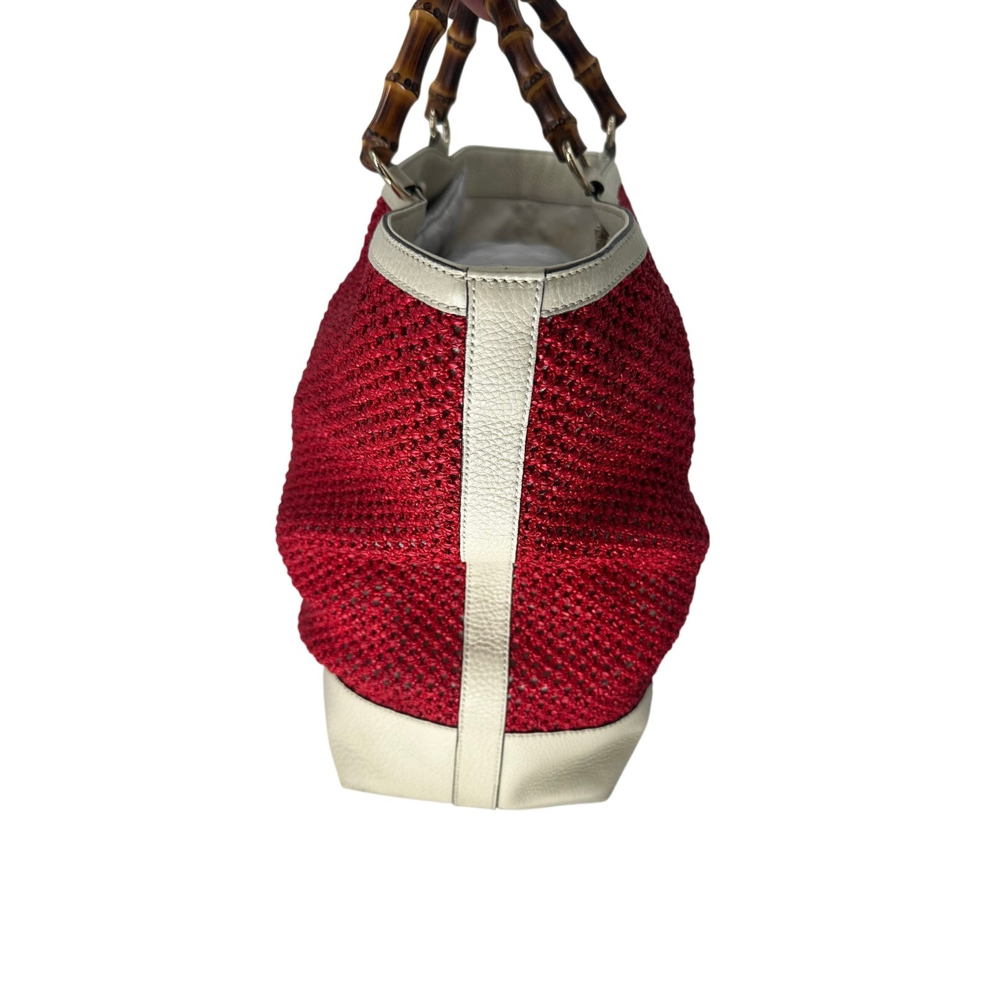 Gucci Raffia Straw Mesh Bamboo Handle Tote Bag