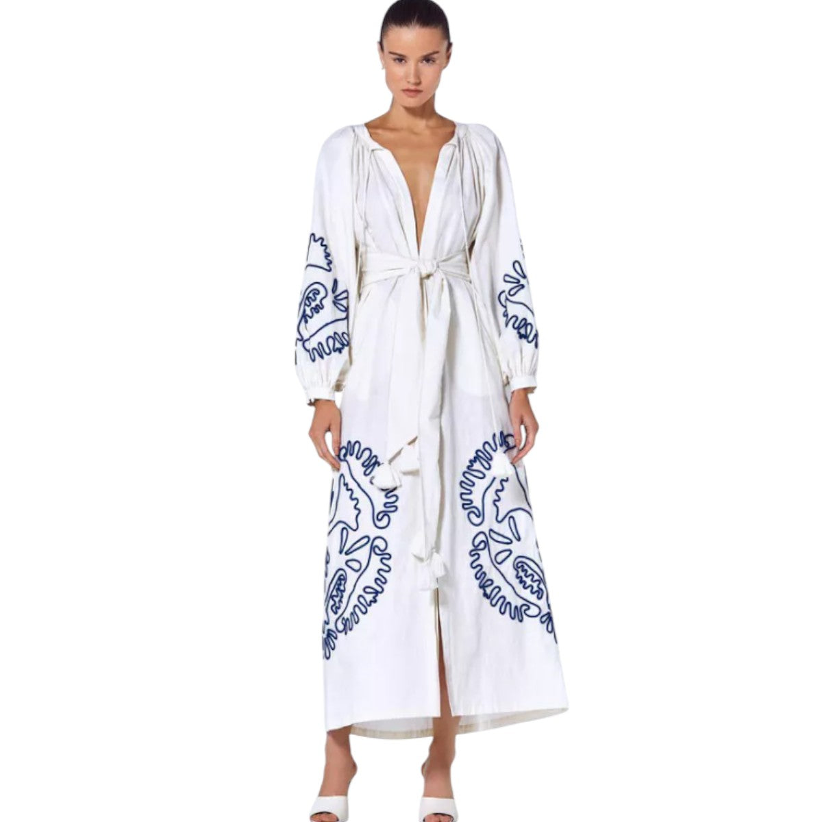 Alexis Wo Belia Embroidered Belted Longs Sleeves Midi Dress White Size M