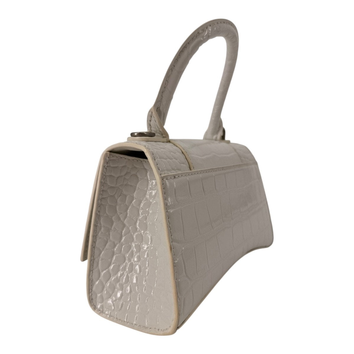Balenciaga Hourglass Croc Embossed Leather Top Handle Bag White