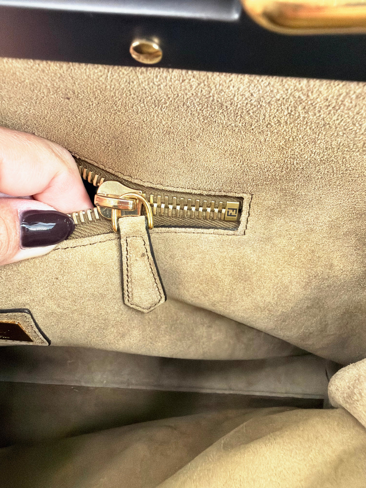 Fendi Peekaboo Large Suede Tan Geometric Color Block Silk Twill