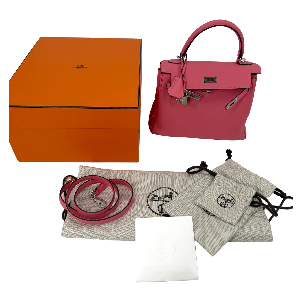Hermès Kelly 25 Retourné Rose Azalée Swift Palladium Hardware 2024 Full Set