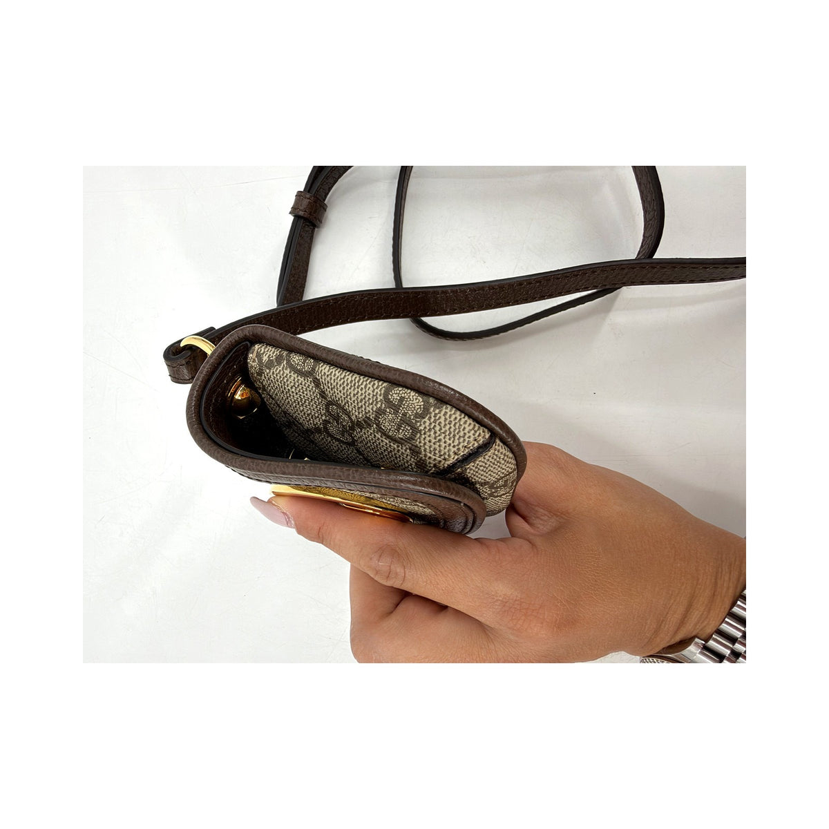 Gucci Blondie Mini GG Supreme Canvas Crossbody Bag Brown Gold Round G