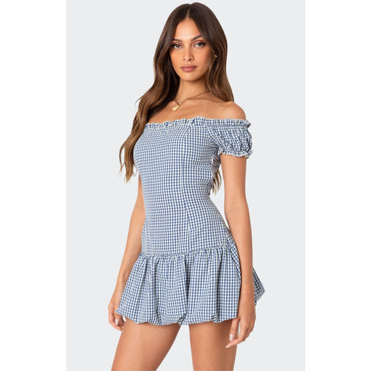 Edikted Cotton Blend Gingham Off Shoulder Bubble Mini Dress