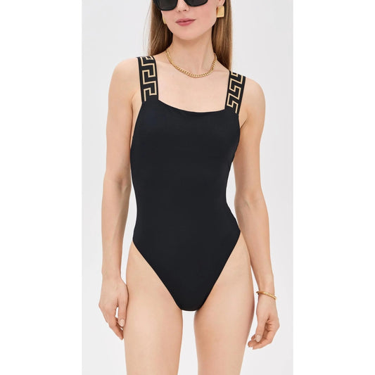 Versace Greca Border Wide Strap Square Neck One-Piece Swimsuit Black Size 2
