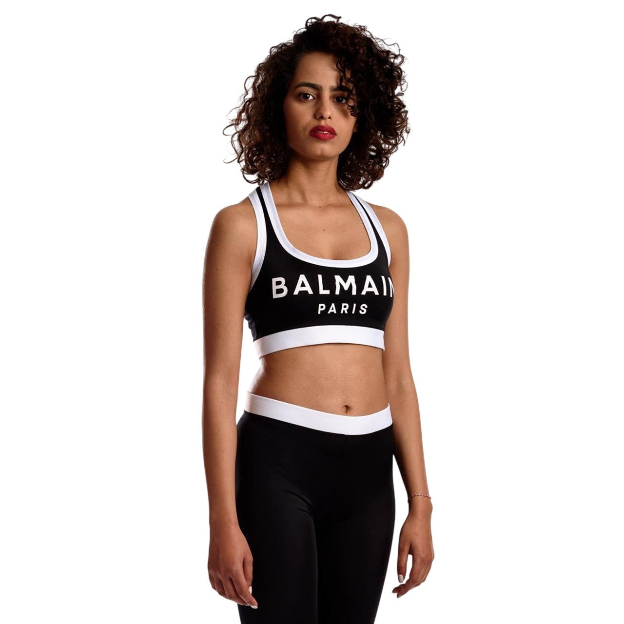 Balmain Logo Racerback Pullover Sports Bra Black and White