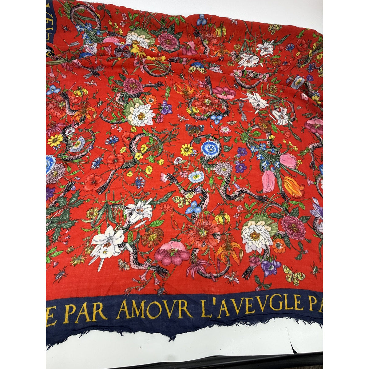 Gucci Flora Snake L'Aveugle Par Amour Shawl Scarf Red Navy Floral Wrap