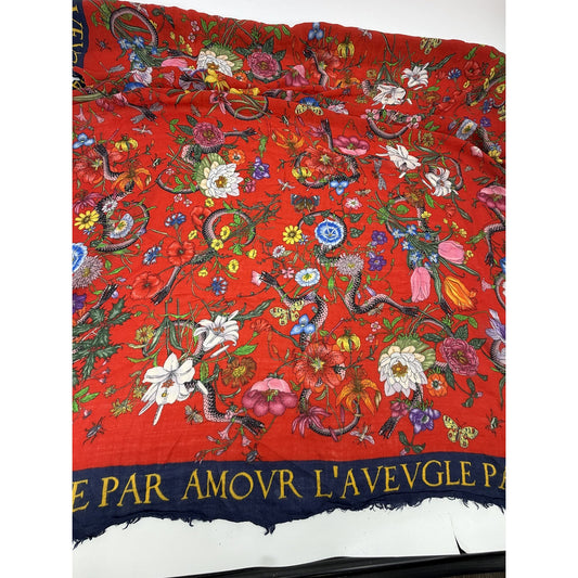 Gucci Flora Snake L'Aveugle Par Amour Shawl Scarf Red Navy Floral Wrap