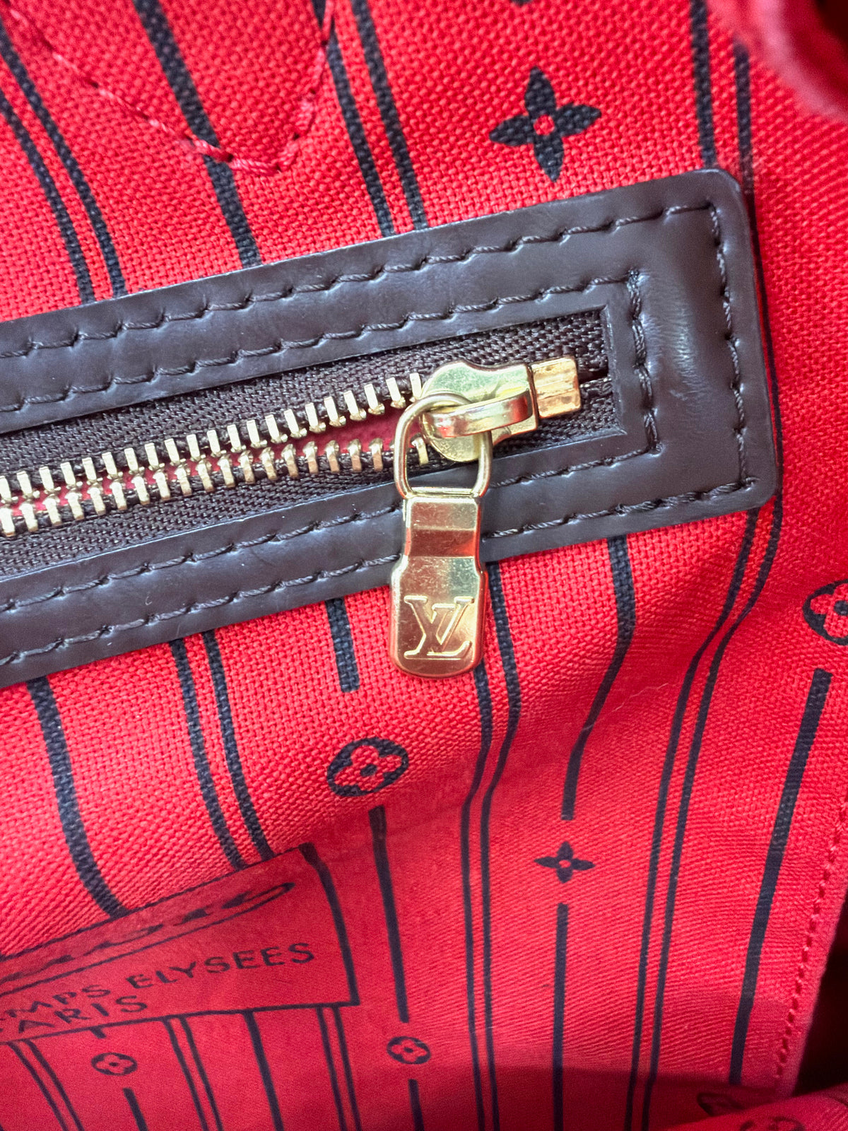 Louis Vuitton Damier Ebene Neverfull GM Tote Brown Red Interior