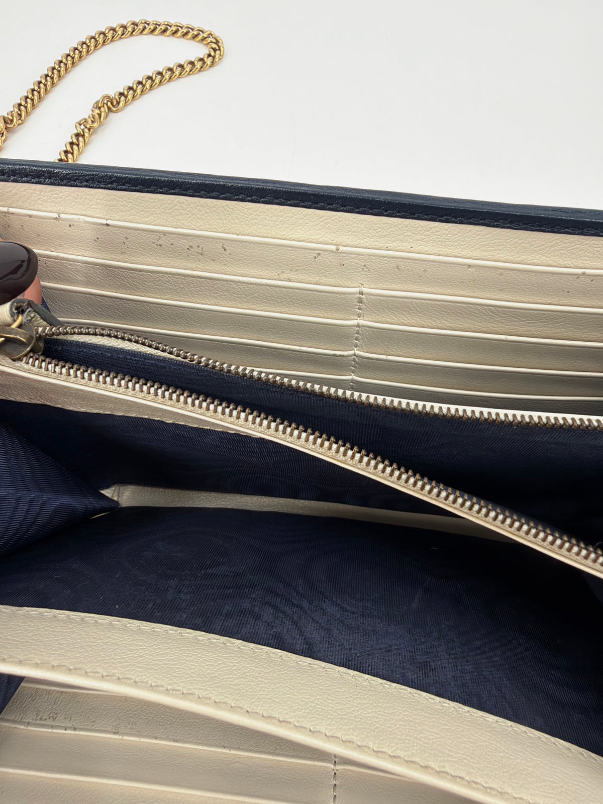 Gucci GG Marmont Torchon White Leather Flap Wallet Navy Trim