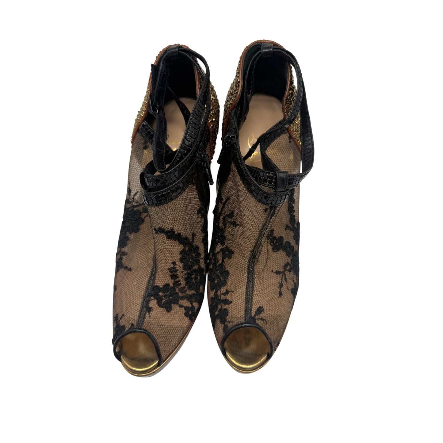 Christian Louboutin Mesh Lace Embroidered Glitter Peep Toe Pumps