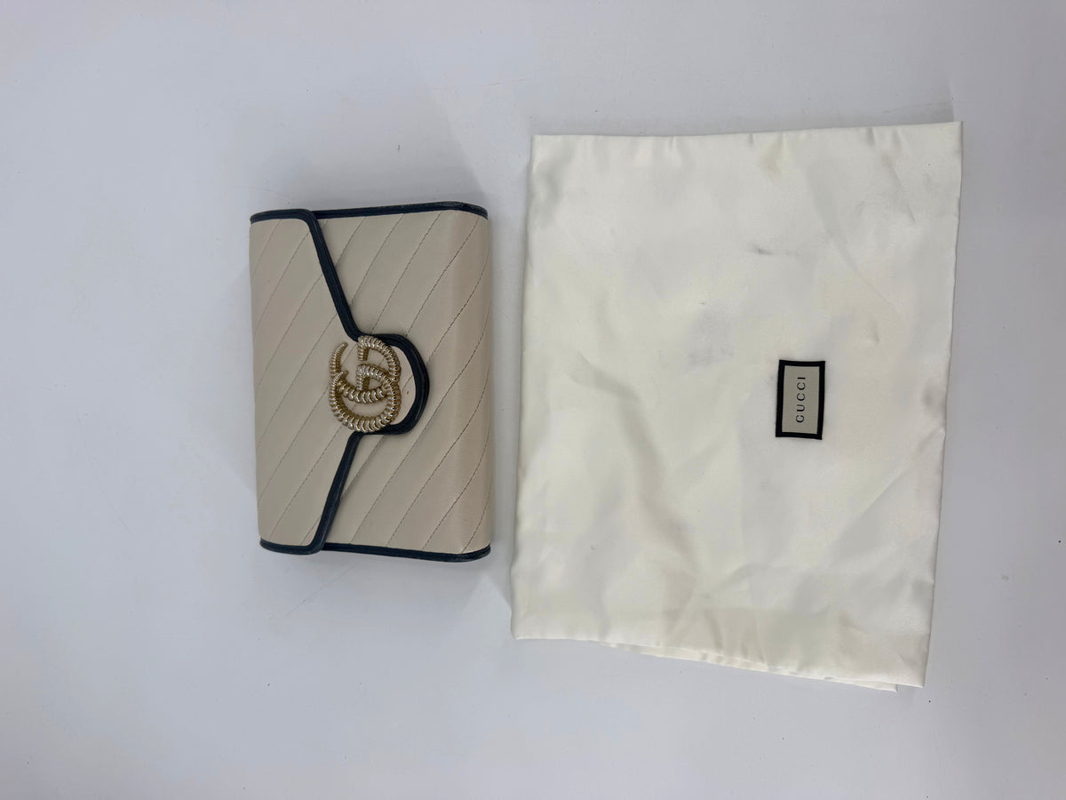 Gucci GG Marmont Torchon White Leather Flap Wallet Navy Trim