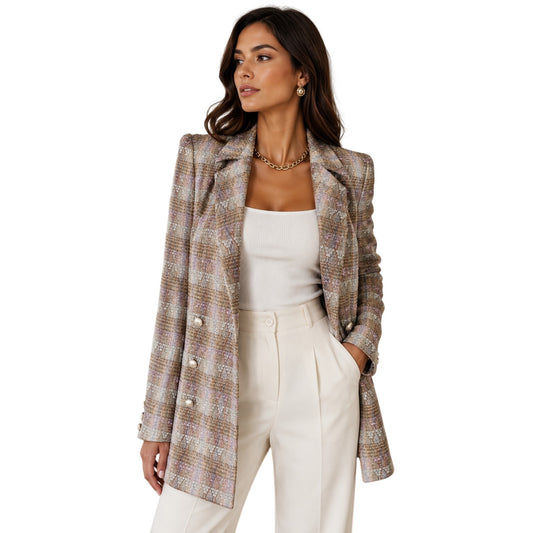 Chanel Boutique Plaid Wool Tweed Double Breasted Blazer Jacket