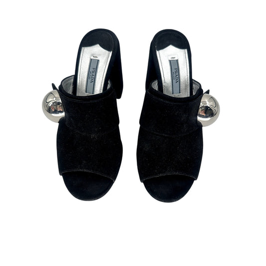 Prada Suede Peep Toe Slip-On Chunky Heel Slide Mules