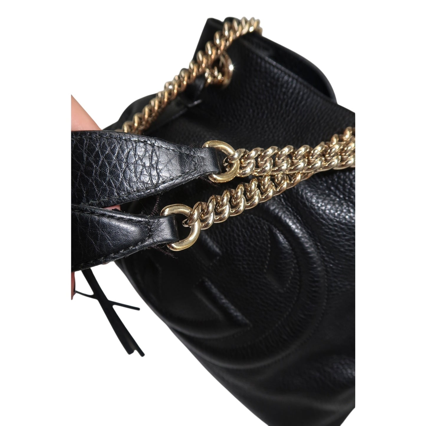 Gucci Soho GG Logo Chain Strap Shoulder Bag Black Pebbled Leather
