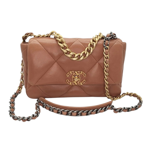 Rare Chanel Lambskin Leather Quilted CC Logo 19 Flap Handbag Caramel Brown