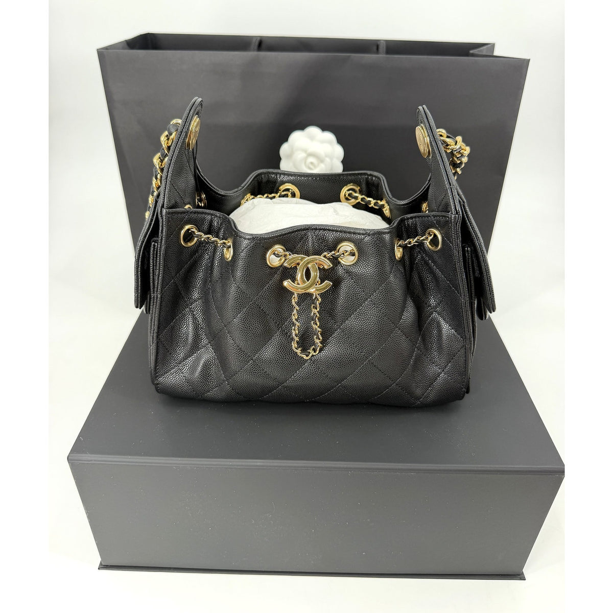 Chanel 25 Mini Black Caviar Gold Hardware Hobo Bag 26B AS5631 New Full Set
