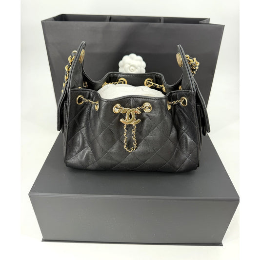 Chanel 25 Mini Black Caviar Gold Hardware Hobo Bag 26B AS5631 New Full Set