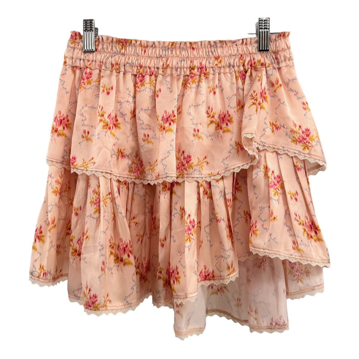 LoveShackFancy Silk Ruffle Floral Print Mini Skirt