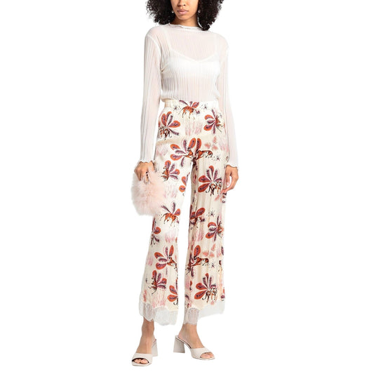 Poupette St Barth Ivory Satin Floral Print High Rise Wide Leg Dress Pants