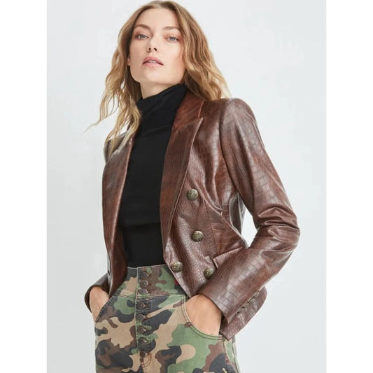 Veronica Beard Brown Croc-Embossed Double-Breasted Vegan Leather Blazer Size 0