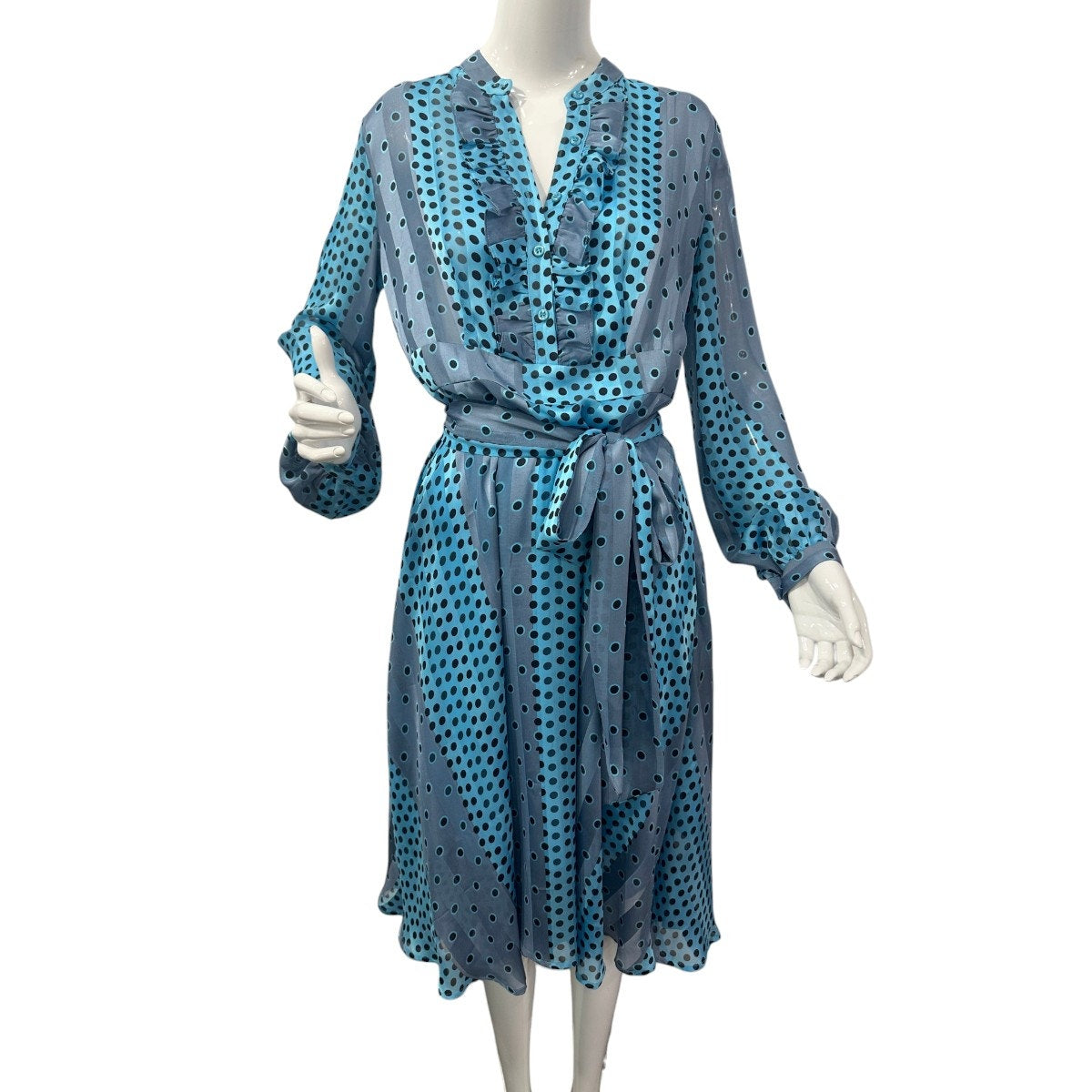 Ynonyme Long Sleeves V-Neck Ruffle Polka Dot Midi Dress Turquoise Women's Size 8