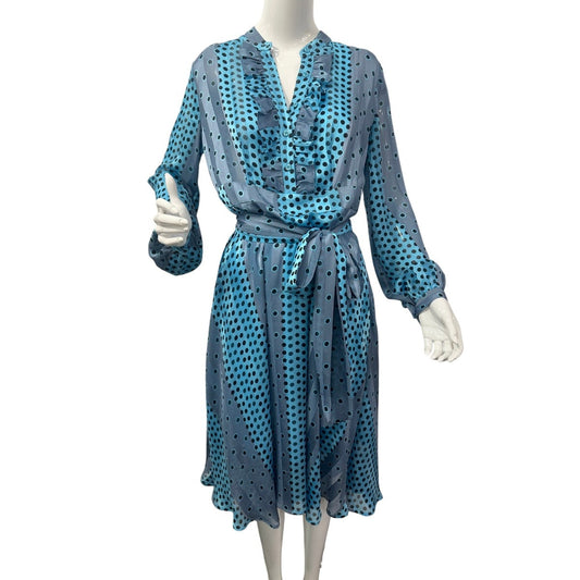 Ynonyme Long Sleeves V-Neck Ruffle Polka Dot Midi Dress Turquoise Women's Size 8