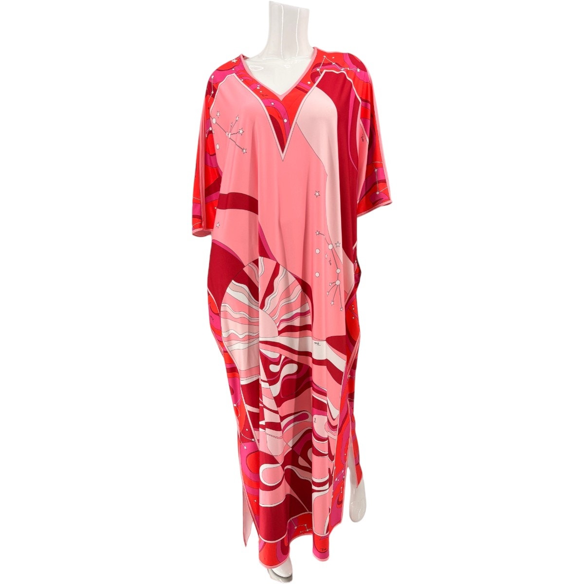 Emilio Pucci Firenze Silk Geometric Print Kaftan Maxi Dress Pink Red IT 36 US 2