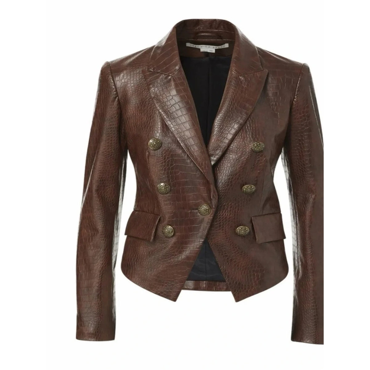 Veronica Beard Brown Croc-Embossed Double-Breasted Vegan Leather Blazer Size 0