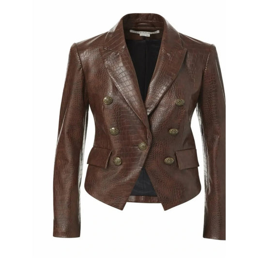 Veronica Beard Brown Croc-Embossed Double-Breasted Vegan Leather Blazer Size 0